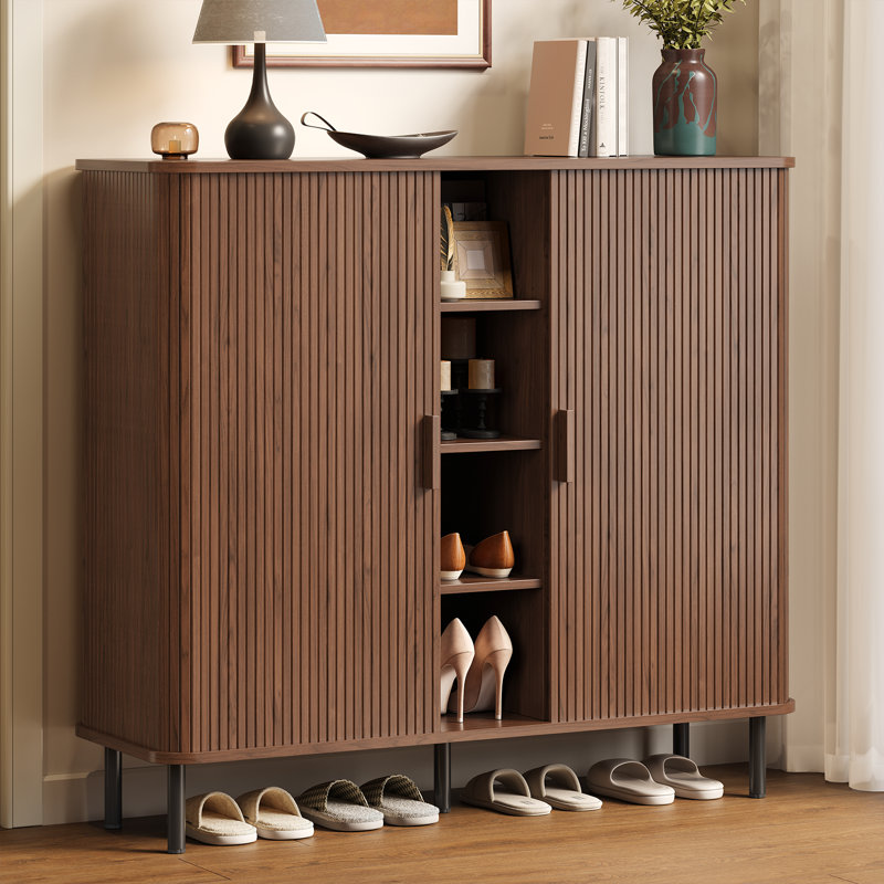 26 Pair Shoe Storage Cabinet With Open Storage Compartments, 5-Tier Wooden Shoe Organizer Cabinet With Adjustable Shelves & Tambour Sliding Doors