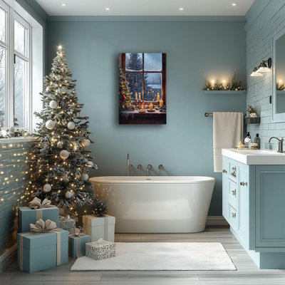 Cozy Winter Interior Scene With Snowflakes Unframed Canvas Wall Art  24" X 36"