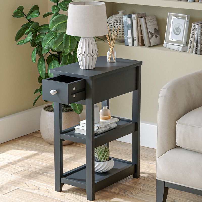 24'' Tall End Table, Narrow Side Table with Drawer and Shelves for Small Space, Black