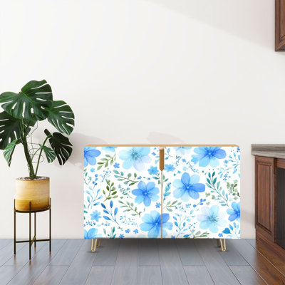 Buffet Buffet avec rangement Fleurs bleues douces délicates tiges vertes et blanches avec 2 portes pour le salon et la cuisine