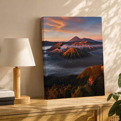 Canvas A Breathtaking Aerial View Of An Active Volcano Landscape At Wall Art Sunset Showcasing A Prominent Conical Volcano With A Peak Canvas Wall Art