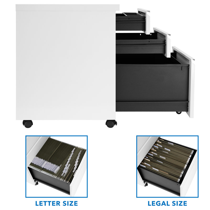 Mount-It! Three Drawer Cabinet for Under Desk with Wheels with Lock for Files, and Materials, White