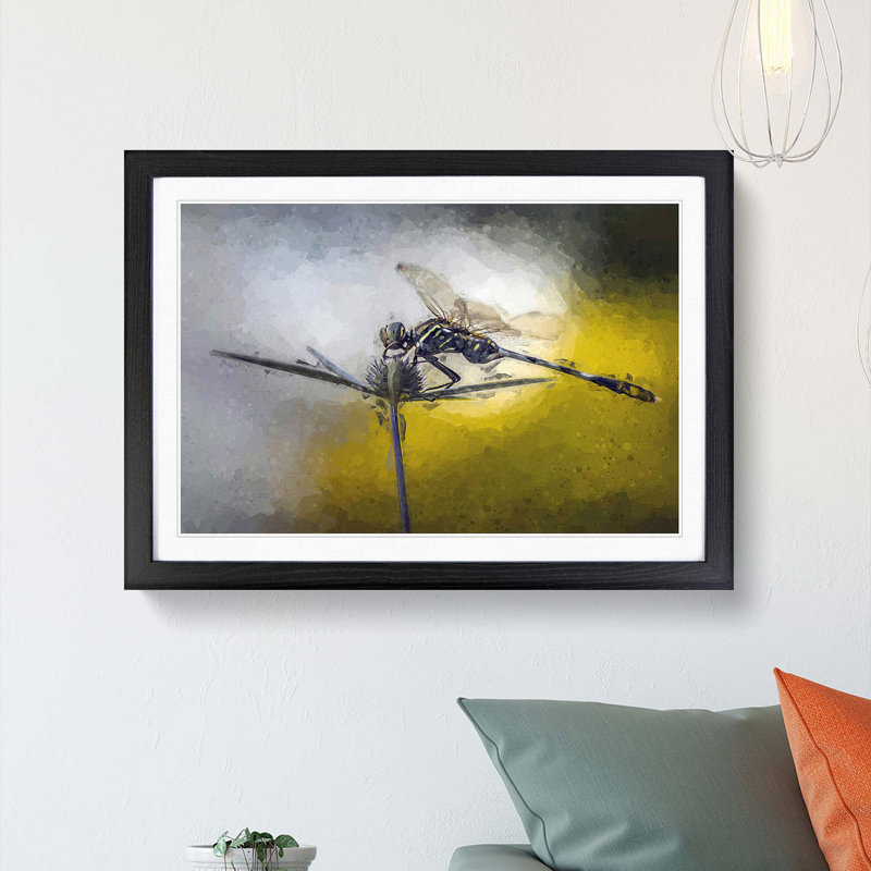 Dragonfly upon a Thistle in Abstract - Picture Frame Graphic Art Print, 62cm H x 87cm W x 2cm D, Black Framed