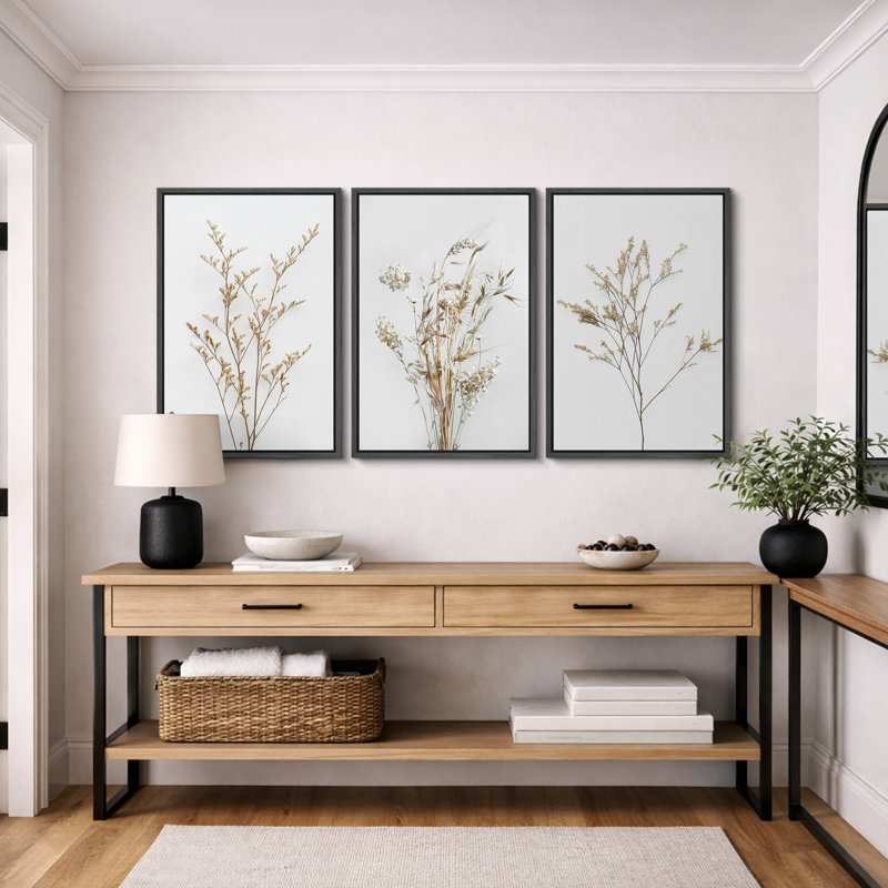 Minimal Botanical «Neutral Wildflowers Floral Art, Simple Organic Modern Wall Images, Large Encadré, Impression Giclée sur Toile, 3 pièces, ensemble de 16 x 24 x 3, 24 x 36 x 3