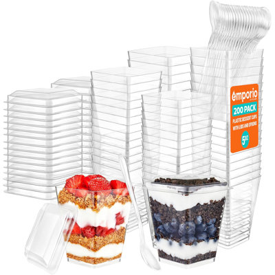 Emporio Kitchen 5oz Plastic Dessert Cups With Lids And Spoons - Appetizer Cups For Pudding, Parfait, Ice Cream, And Cocktails, Bpa-free, Clear Reusable Serving Cups, Elegant Design, Pack Of 200
