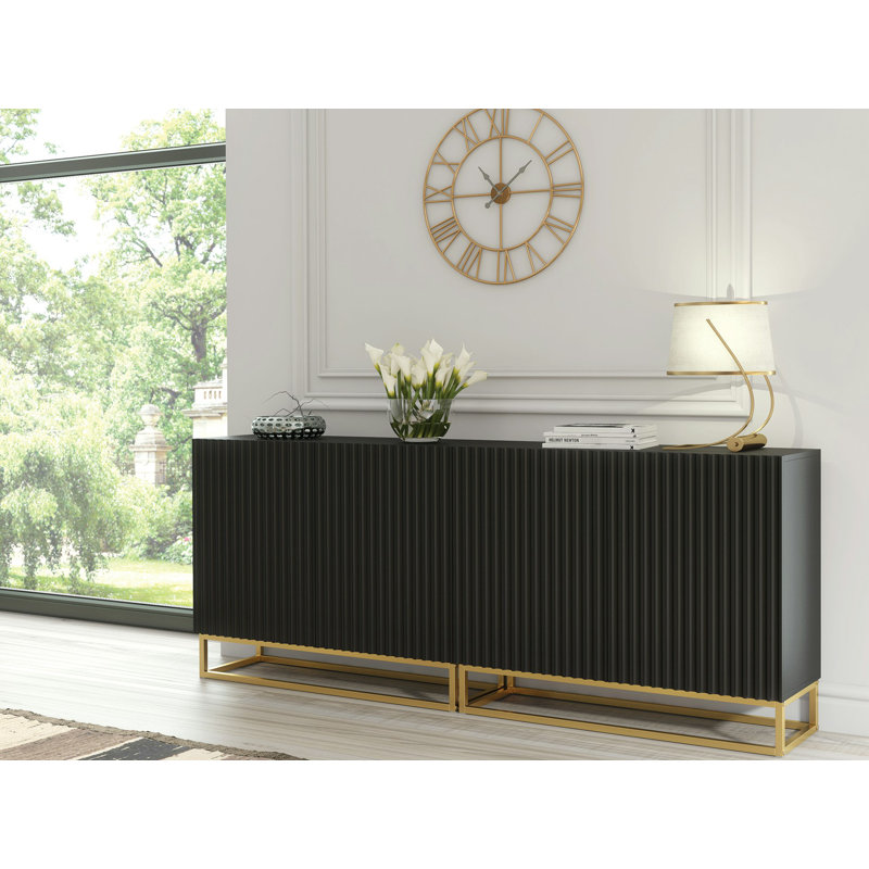 Modern Sideboard with Fluted Fronts & Gold Legs – 200cm Storage Cabinet, Black