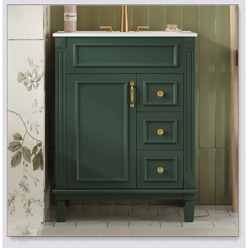 Meuble-lavabo de 24 pouces avec lavabo en céramique, conception compacte, 2 tiroirs et tablette réglable pour les salles de bain modernes