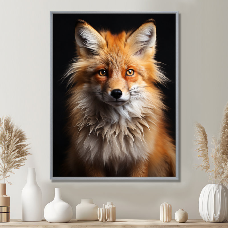 «Orange Fox Guardian», art mural renard, H 20 po x l 12 po x P 1 po, Encadrement argenté