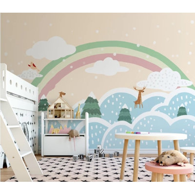 Papier peint amovible Rainbow And Deer Above The Clouds Trees