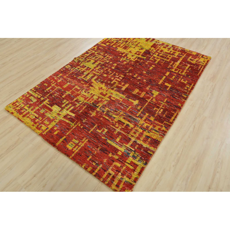 Tapis décoratif en soie de conception unique rouge/jaune 4 pi 9 po x 6 pi 9 po noué à la main