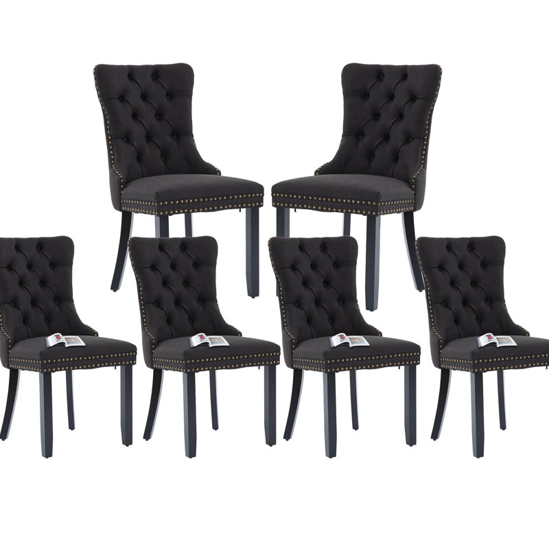 Chaises de salle à manger capitonnées en lin massif (ensemble de 6), Noir, Noir