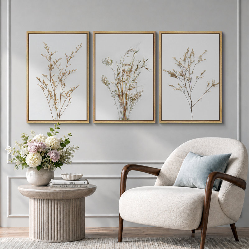 Minimal Botanical «Neutral Wildflowers Floral Art, Simple Organic Modern Wall Images, Large Encadré, Impression Giclée sur Toile, 3 pièces, ensemble de 16 x 24 x 3, 24 x 36 x 3