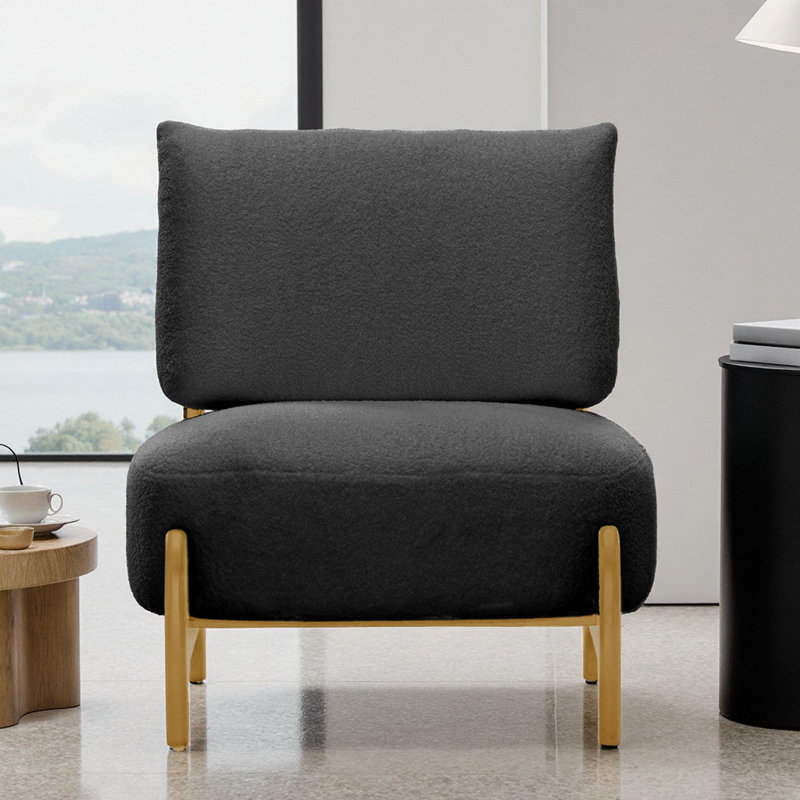 Fauteuil noir en molleton Teddy - Chaise longue rétro en bois d'hévéa massif pour le salon et la chambre à coucher, Naturel