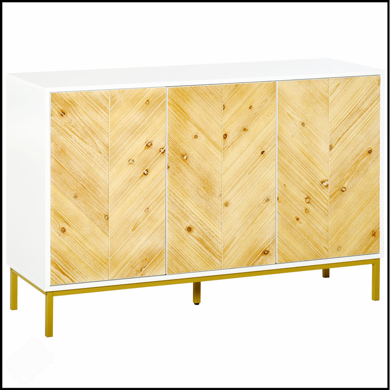 3 Door Sideboard Buffet Cabinet With Chevron Pattern, Adjustable Shelf, And Metal Legs For Modern Storage