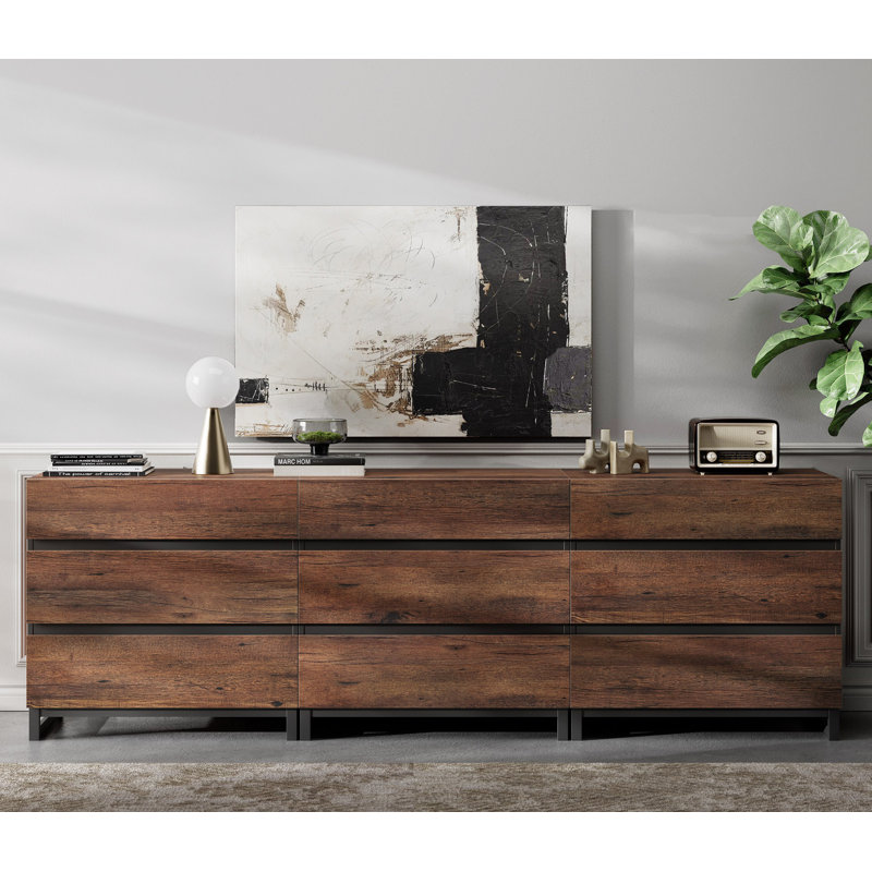 94.5" W 9-Drawer Double Dresser with Metal Base, Brown