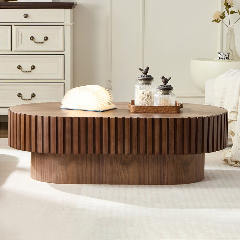 Table basse ovale de 43,70 pouces, panneau de fibres à densité moyenne fabriqué à la main brun moderne, base piédestal