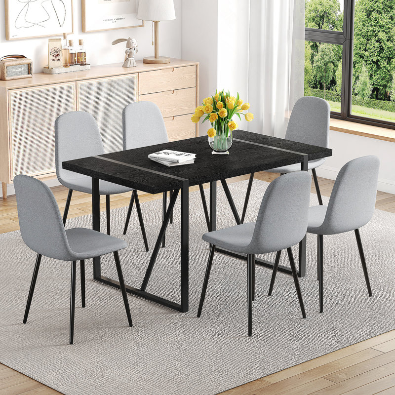 Ensemble de table de salle à manger 7 pièces, table de salle à manger rectangulaire minimaliste, 6 chaises avec pieds en métal