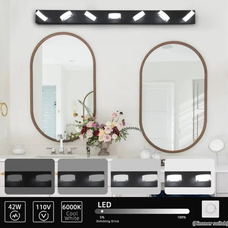 Luminaire de meuble-lavabo à DEL moderne 52 po 52 po, fer noir avec abat-jour en acrylique, applique murale à intensité variable pour salle de bain à miroir