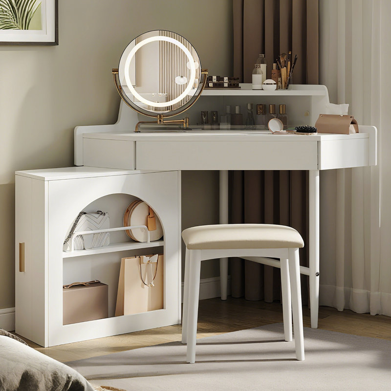 Bureau de coiffeuse de coin avec miroir et lumières à DEL, ensemble de coiffeuse moderne avec miroir et tabouret, coiffeuse avec grand rangement pour petite place, miroir pliant réglable en luminosité, blanc