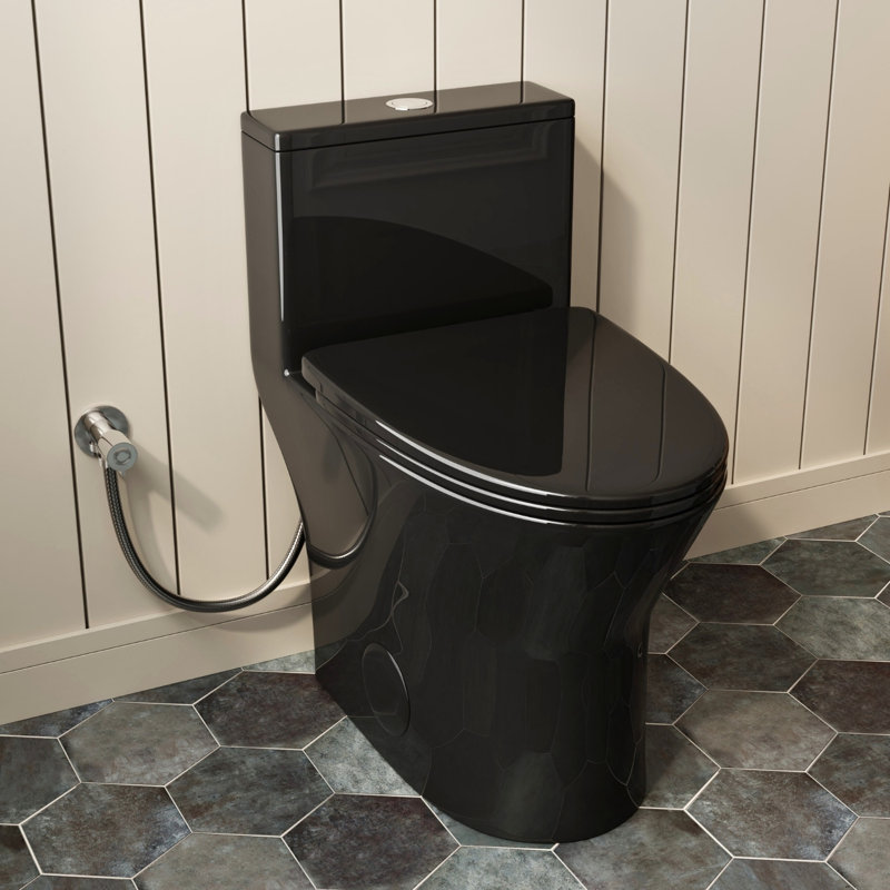 Los Flexi Compact One-Piece Black Toilet For Small Bathrooms, 18" Chair Height Elongated Toilet, Dual Flush 1.0/1.28 GPF & Rimless Swirl, 12" Rough-In