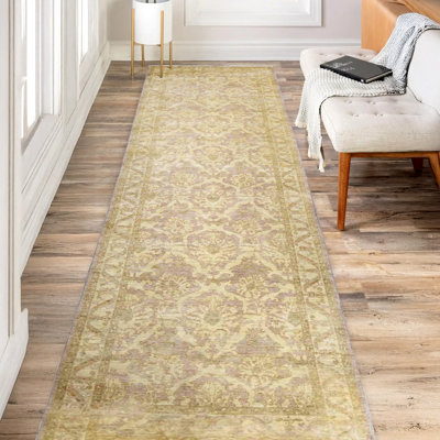 Tapis de couloir vert et ivoire noué à la main de haute qualité