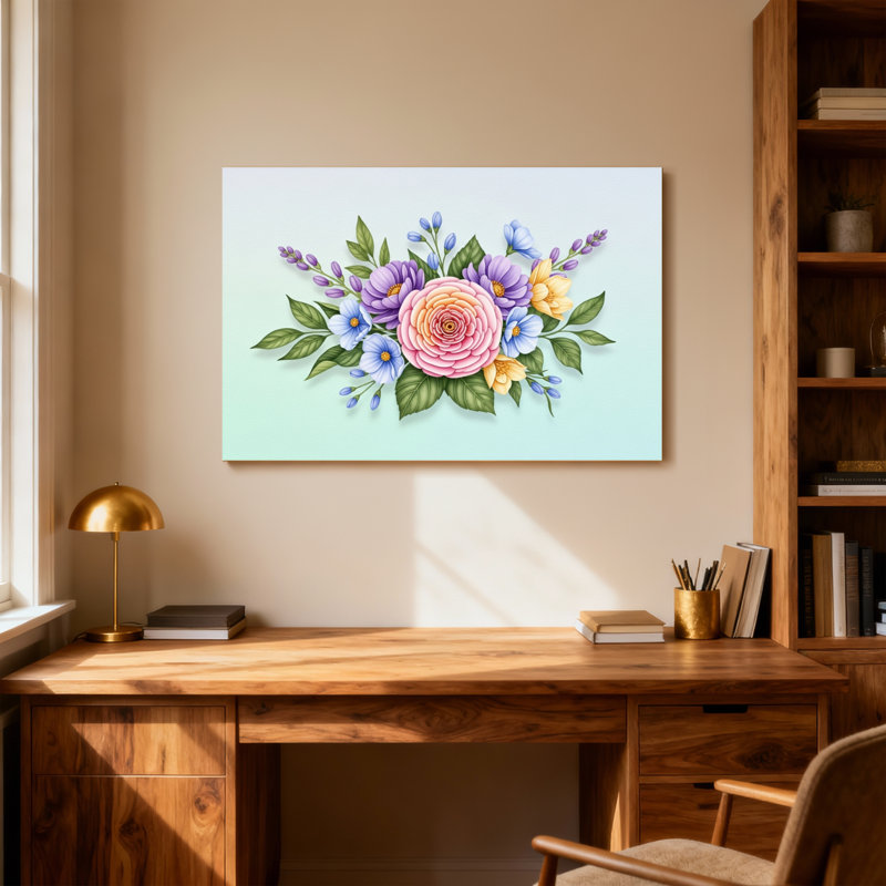 Bouquet de plantes et de fleurs avec rose rose et fleurs bleues, H 16 po x l 24 po