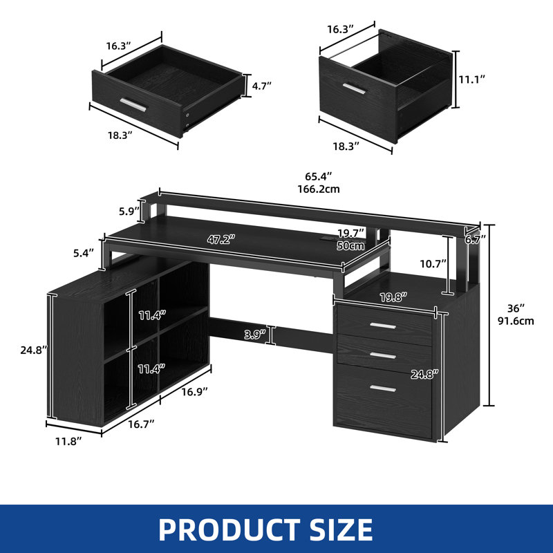 Balconera 65'' L Shaped Desk With Power Outlets, LED Lights & Monitor Stand, Black