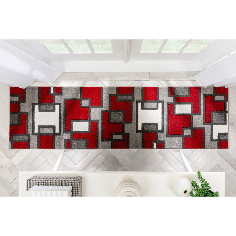 Tapis rouge à motif géométrique Brigman, Tapis de couloir de 2 pi x 7 pi