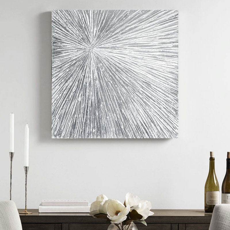 Tenture murale dimensionnelle en résine peinte à la main - l 30 po x H 30 po, abstrait argenté, avec support intérieur moderne, 30 x 30 po