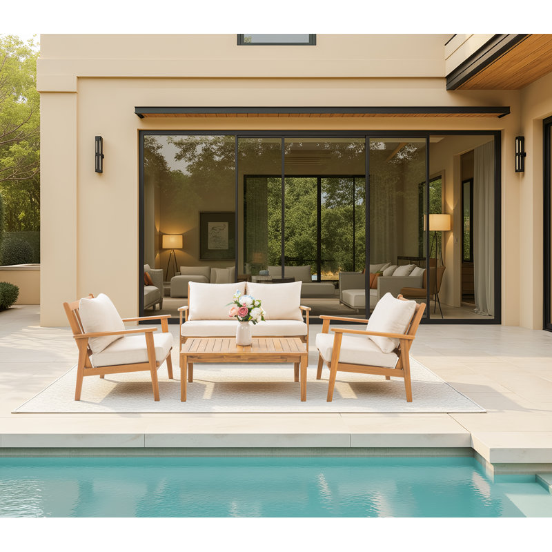 Ensemble de conversation de patio 4 pièces en bois massif avec coussins, 2 chaises, table basse, causeuse