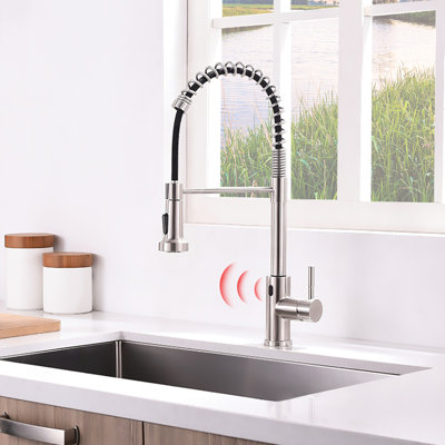 Hands Automatic Kitchen Tap, Brushed Nickel, Contemporary Captivation, Motion Sensor, Ceramic Filler, Brass Touchless Sink Faucet, Glamour, Single Handle,