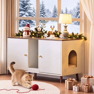 Corvese 42.5" W Manufactured Wood Double Cat Litter Box Enclosure with Scratching Pad