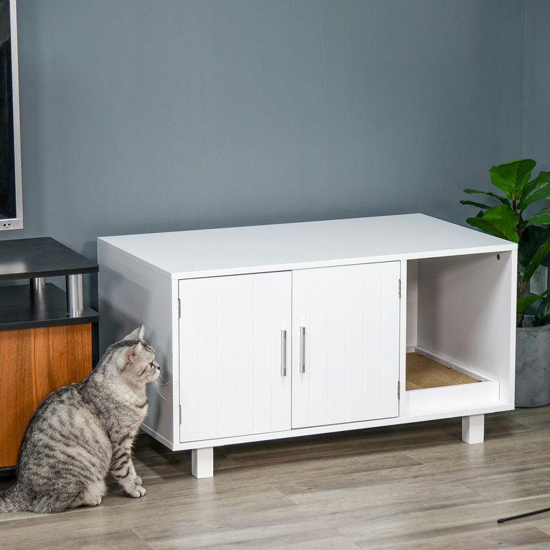 Enceinte et litière en bois pour chat, salle de bain cachée pour chat, avec table de bout, grattoir et portes magnétiques, blanc