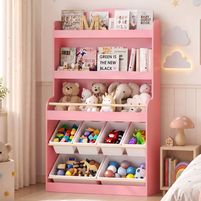 55" H Kids Toy Storage Organizer Bookshelf with 6 Removable Toy Bins, 5-Tier Stuffed Animal Storage Cabinet for Nursery, Kids Room & Playroom