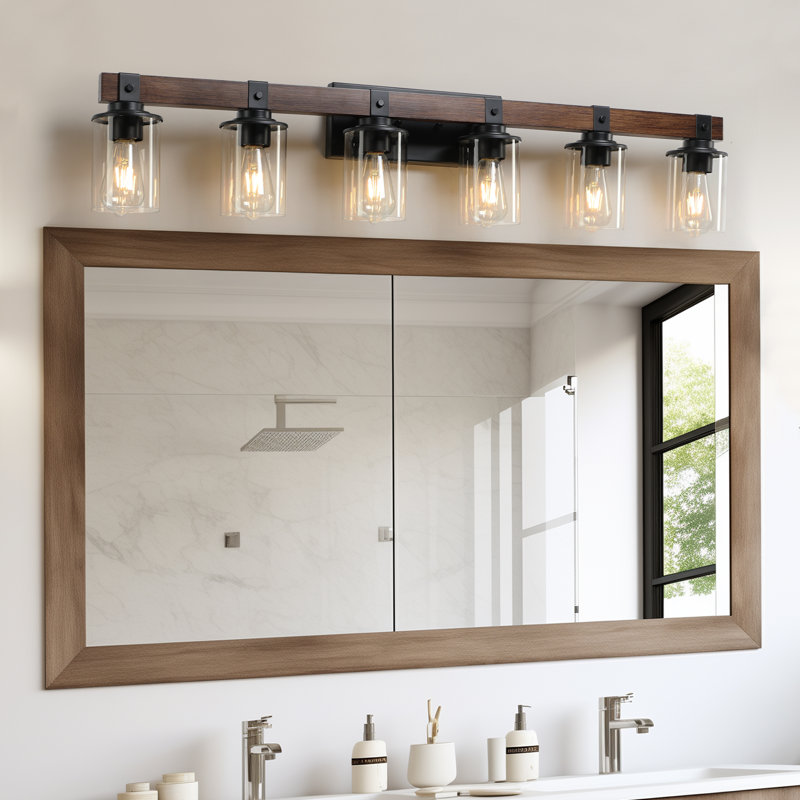 Applique murale de salle de bain rustique avec abat-jour en verre et décor en bois Rustic, 5, H 8,3 po x l 34,6 po x P 5,9 po