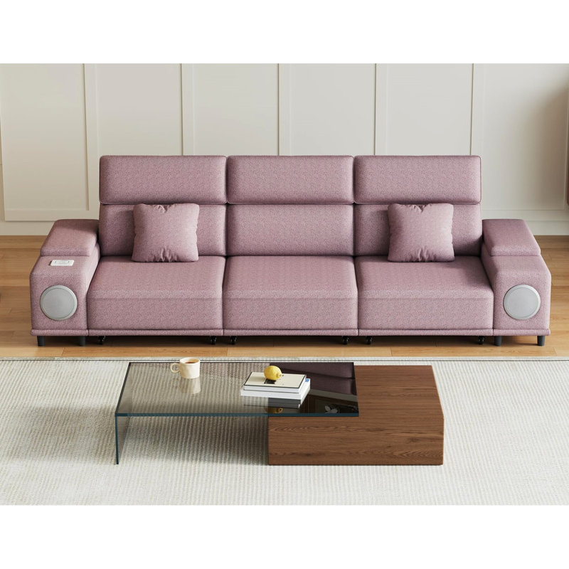 3 canapés modulaires inclinables électriques avec télécommande, haut-parleurs, recharge sans fil et 2 boîtes de rangement pour le salon, siège mi-ferme rose, structure en bois d'eucalyptus, fauteuil inclinable électrique principal 3