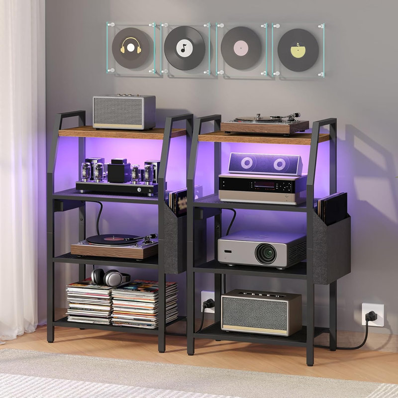 Meuble audio-vidéo à 4 niveaux avec prise de courant, lumières DEL, tablette de console de jeu avec sac de rangement latéral, support de support stéréo en coin pour petites boîtes de lecture de DVD vidéo