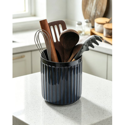 Ribbed Ceramic Utensil Holder for Kitchen Countertop, Porcelain Utensil Crock, Farmhouse Cooking Utensil Organizer, Spacious Kitchen Storage Container, Housewarming Gift
