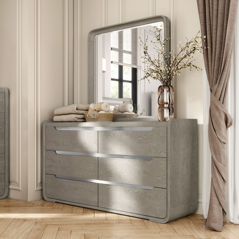 Ensemble commode 6 tiroirs et miroir 2 pièces Barry, Gris clair