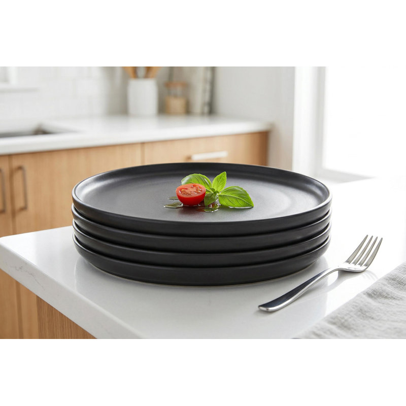 Assiettes plates en grès, ensemble de 4 - 10,4 po rondes, noir mat