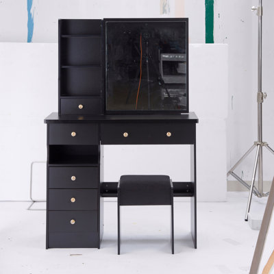 Meuble-lavabo de 37 po de taille moyenne avec tiroir à gauche et tabouret rembourré, très grand miroir coulissant à droite, rangement multi-couches à grande capacité, commode pratique et pratique, convient aux grands espaces