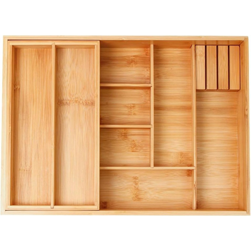 Organisateur de tiroir de cuisine en bambou à double couche pour ustensiles de cuisine, grand plateau à ustensiles pour tiroir et porte-ustensiles amovible