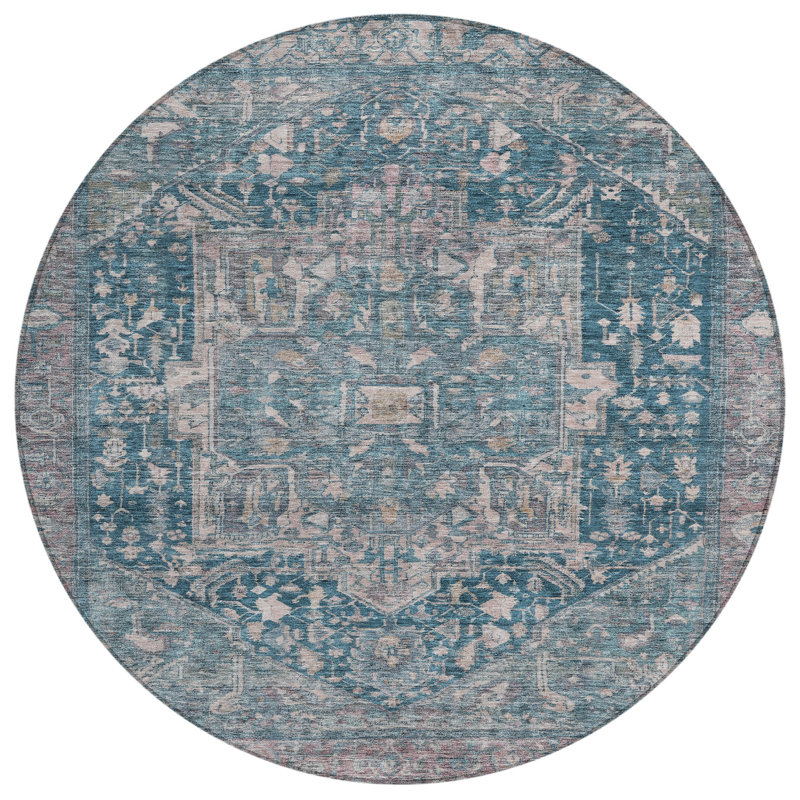 Machine Washable Indoor/Outdoor Claudian ACN1240 Blue Rug, Round 8'