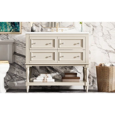 Meuble-lavabo beige avec lavabo - 36 po. Et bois massif. Armoire 4 tiroirs. Armoire spacieuse de 36 po beige. Bois. Conception. Évier en céramique. Rangement élégant
