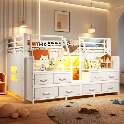 Lit mezzanine bas, lit mezzanine pour enfants avec tiroirs de rangement en tissu non tissé et tablettes latérales, lit mezzanine en métal avec lumières DEL intégrées, aucun sommier nécessaire, lit mezzanine en métal pour chambre d'enfant et salle de jeux, noir et blanc