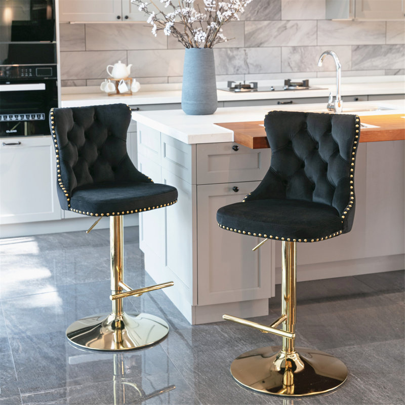 Tabourets de bar pivotants en velours, 2, Doré, Noir, noir, noir, noir