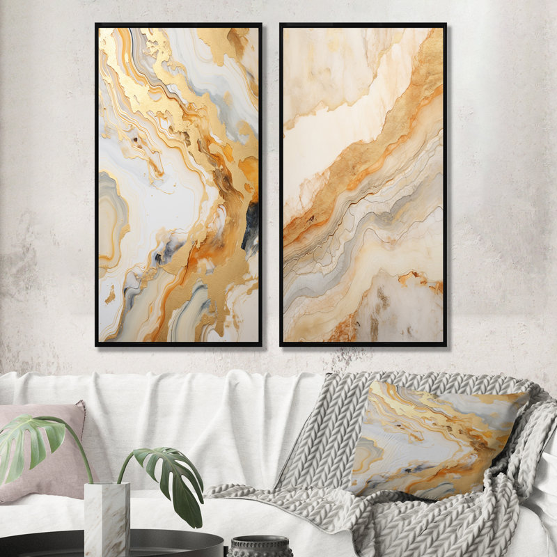 Or et blanc rivière de marbre - ensemble de 2 reproductions d'art abstrait en marbre, Cadre noir, H 28 po x l 25 po