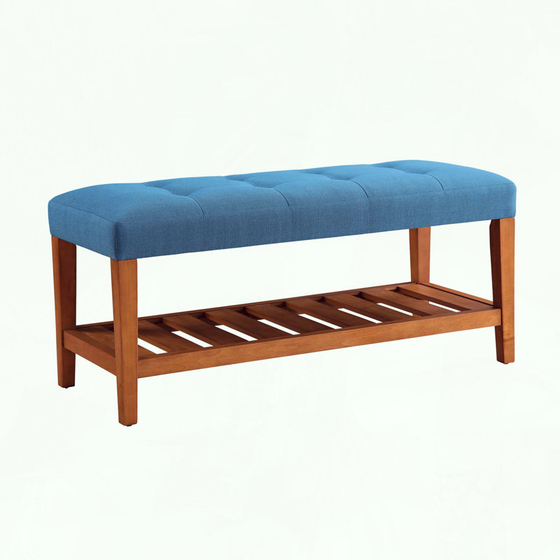 Banc touffeté avec tablette à lattes ouverte et pieds en chêne, Bleu