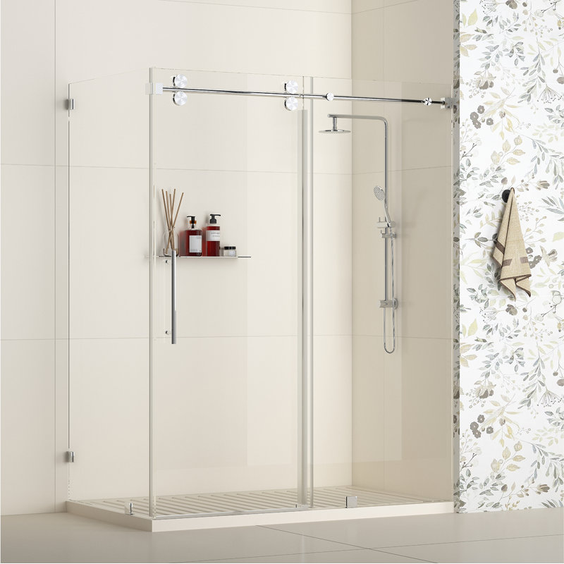 Radiance 54 In. W X 36 In. D X 76 In. H Sliding Frameless Corner Shower Enclosure With Clear Glass, Matte Black