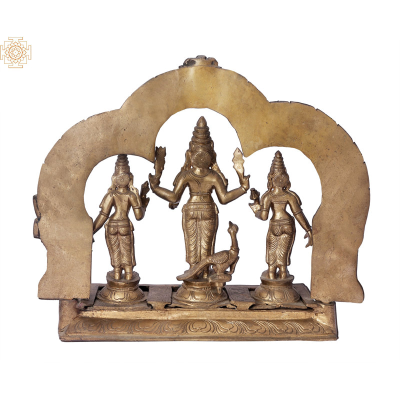 13" Karttikeya with Devasena and Valli Bronze Statue Set - Handmade Panchaloha Idols | Madhuchista Vidhana (Lost Wax) from Swamimalai